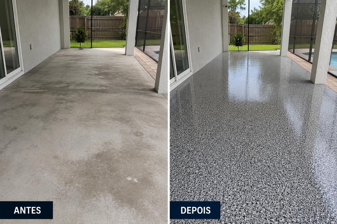 Covered patio before and after gray flake epoxy coating