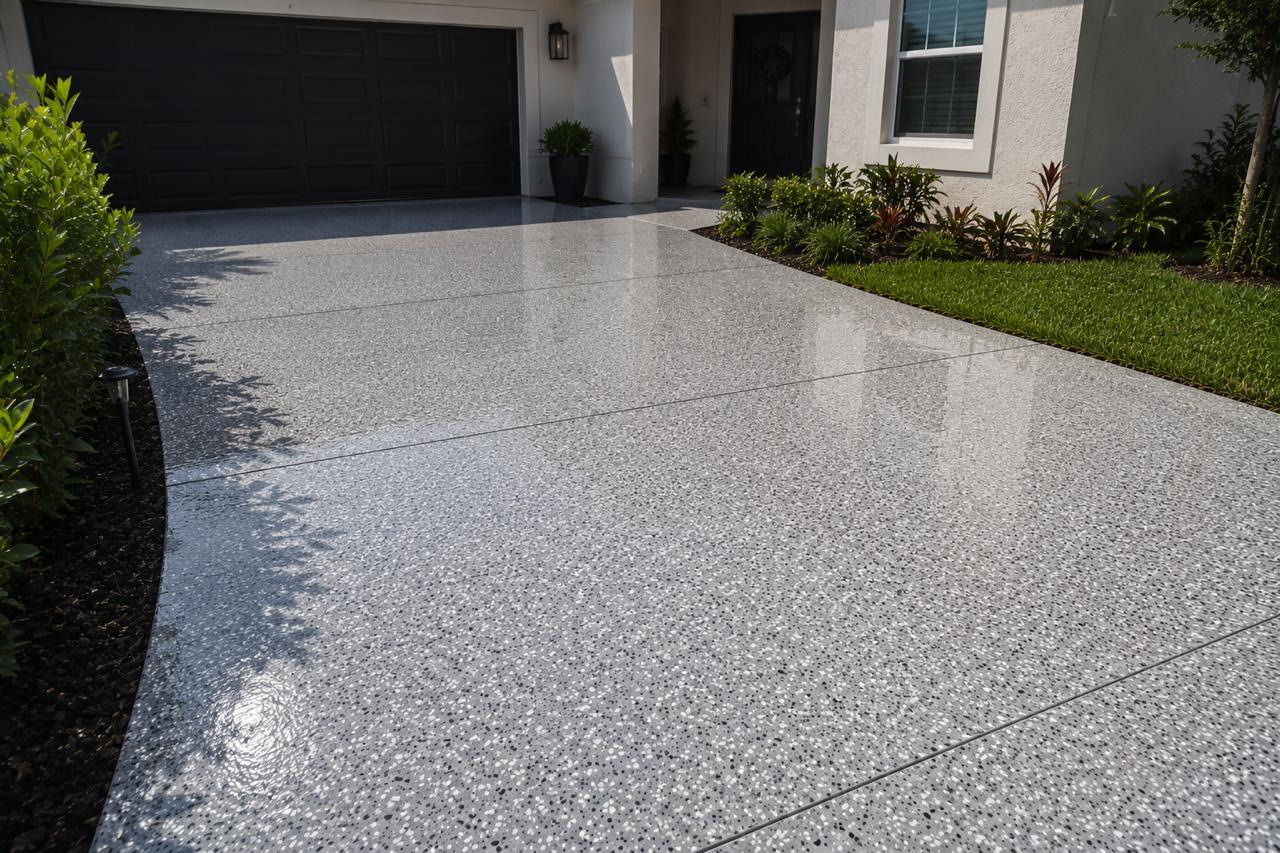 Flake epoxy driveway and garage apron with high gloss finish